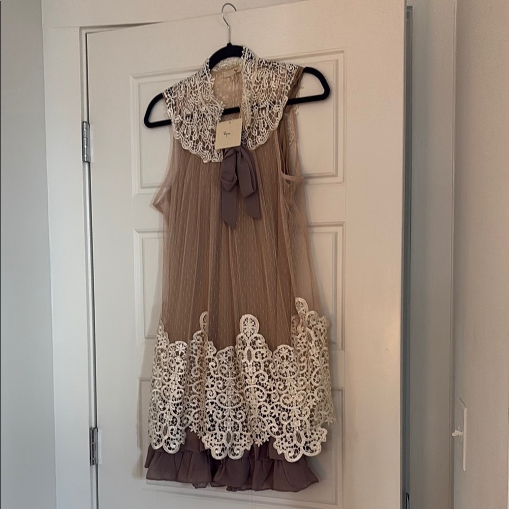 Ryu Tan Sundress with Bib Collar for Wedding Guest